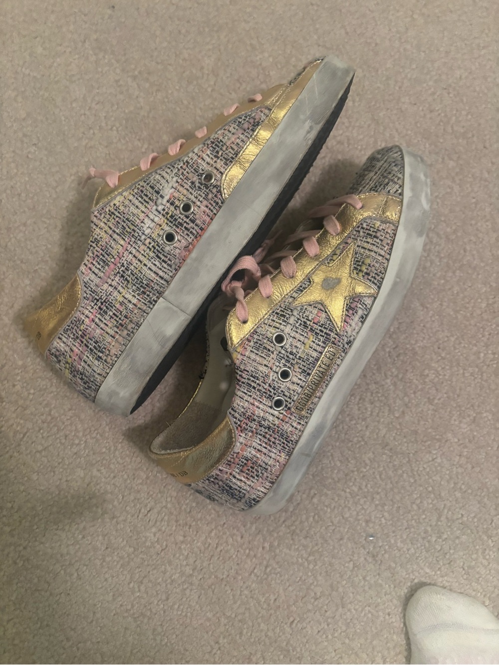 Golden Goose Low-Top Tweed Sneakers with Gold Star and Pink Laces